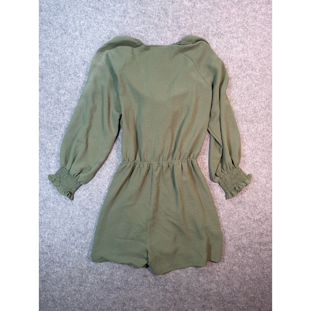 Olive Green Tie Front Long Sleeve Romper Smocked‎ Cuff Cutout V-Neck Boho
